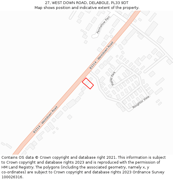 27, WEST DOWN ROAD, DELABOLE, PL33 9DT: Location map and indicative extent of plot