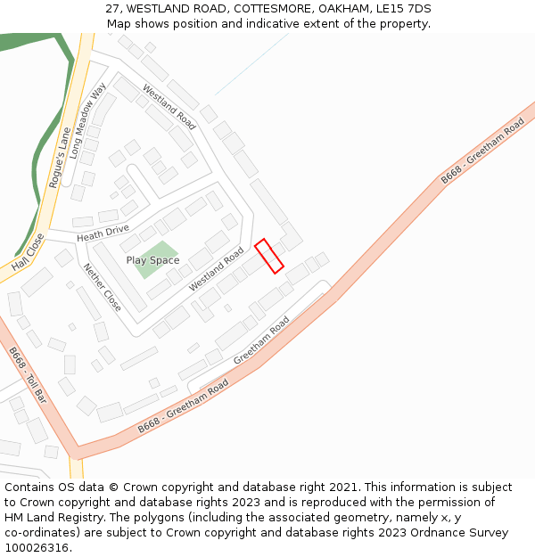 27, WESTLAND ROAD, COTTESMORE, OAKHAM, LE15 7DS: Location map and indicative extent of plot