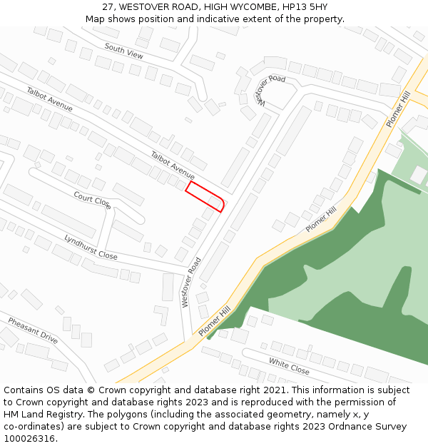 27, WESTOVER ROAD, HIGH WYCOMBE, HP13 5HY: Location map and indicative extent of plot