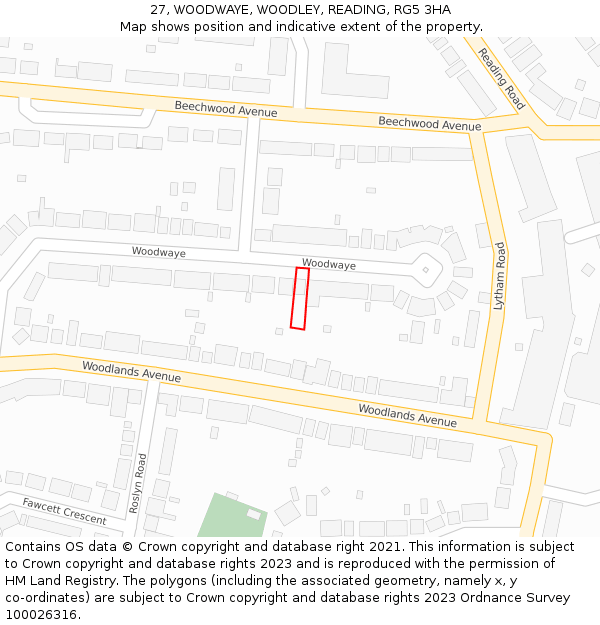 27, WOODWAYE, WOODLEY, READING, RG5 3HA: Location map and indicative extent of plot