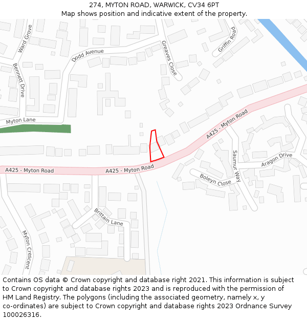 274, MYTON ROAD, WARWICK, CV34 6PT: Location map and indicative extent of plot