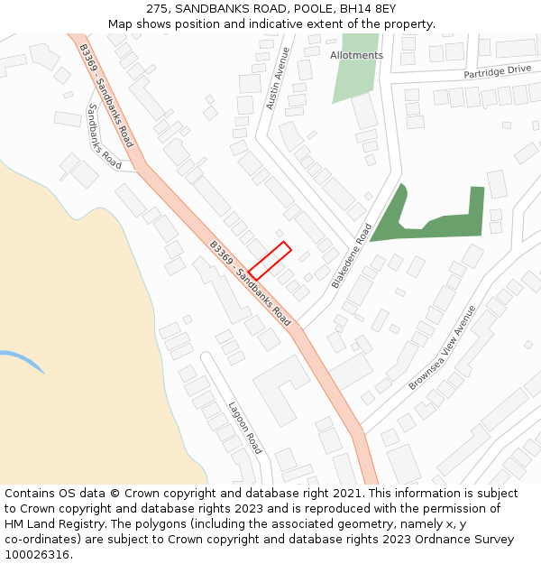 275, SANDBANKS ROAD, POOLE, BH14 8EY: Location map and indicative extent of plot