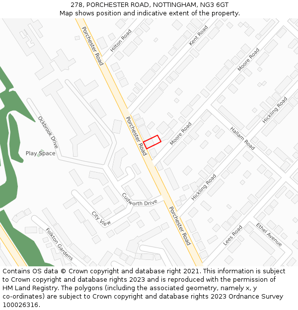 278, PORCHESTER ROAD, NOTTINGHAM, NG3 6GT: Location map and indicative extent of plot