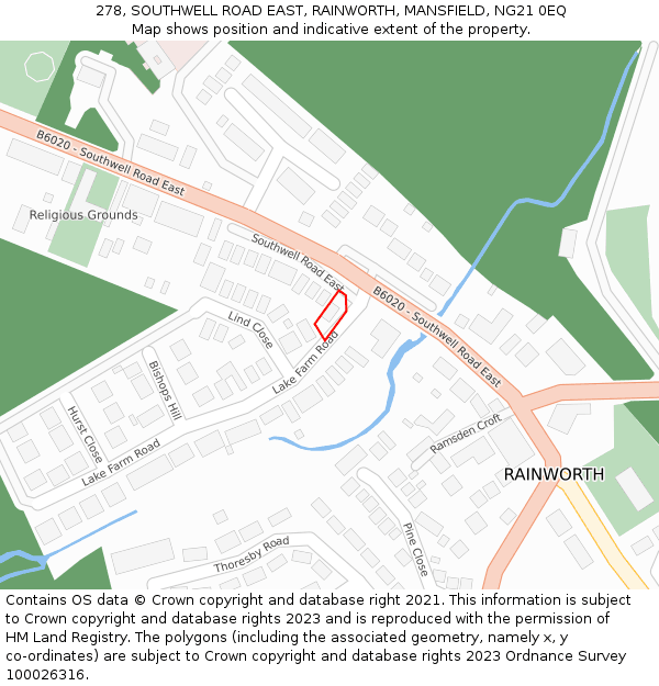 278, SOUTHWELL ROAD EAST, RAINWORTH, MANSFIELD, NG21 0EQ: Location map and indicative extent of plot