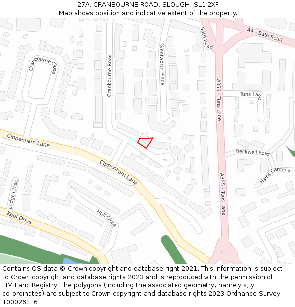 27A, CRANBOURNE ROAD, SLOUGH, SL1 2XF: Location map and indicative extent of plot