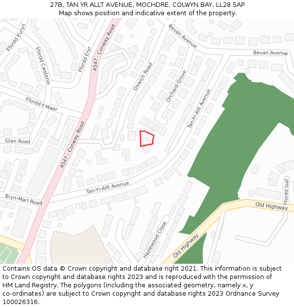 27B, TAN YR ALLT AVENUE, MOCHDRE, COLWYN BAY, LL28 5AP: Location map and indicative extent of plot