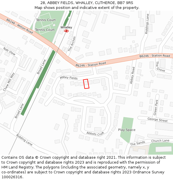 28, ABBEY FIELDS, WHALLEY, CLITHEROE, BB7 9RS: Location map and indicative extent of plot