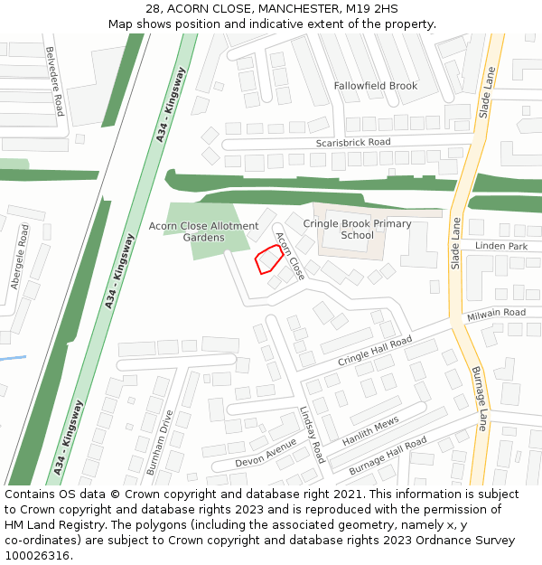 28, ACORN CLOSE, MANCHESTER, M19 2HS: Location map and indicative extent of plot