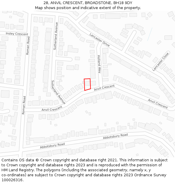 28, ANVIL CRESCENT, BROADSTONE, BH18 9DY: Location map and indicative extent of plot