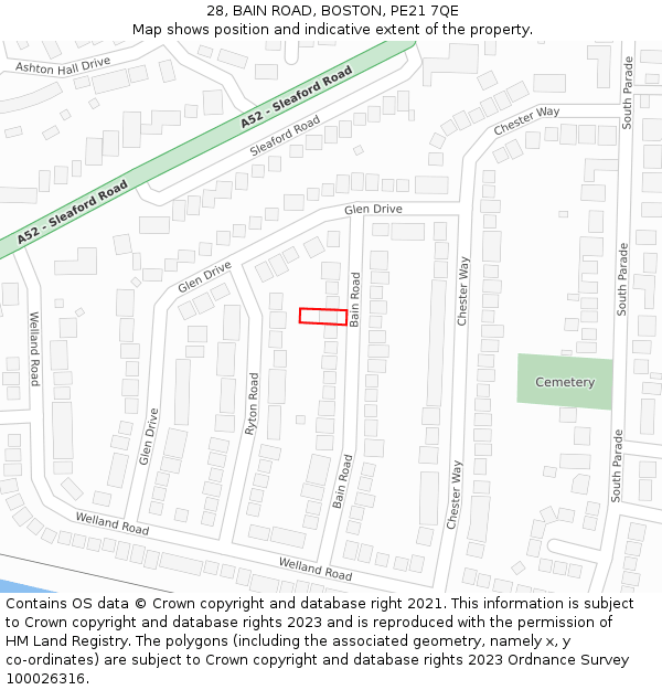 28, BAIN ROAD, BOSTON, PE21 7QE: Location map and indicative extent of plot