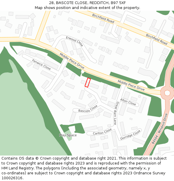 28, BASCOTE CLOSE, REDDITCH, B97 5XF: Location map and indicative extent of plot