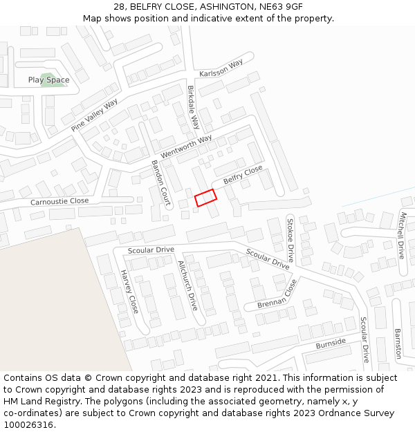 28, BELFRY CLOSE, ASHINGTON, NE63 9GF: Location map and indicative extent of plot