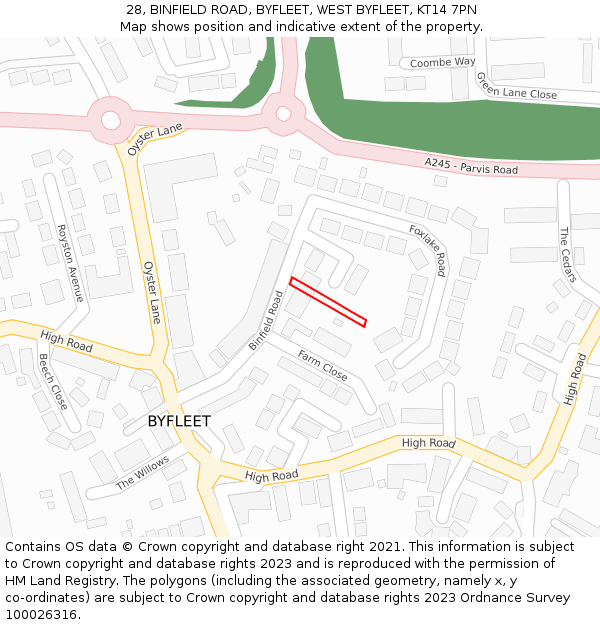 28, BINFIELD ROAD, BYFLEET, WEST BYFLEET, KT14 7PN: Location map and indicative extent of plot