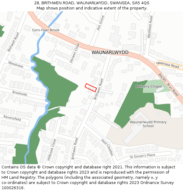 28, BRITHWEN ROAD, WAUNARLWYDD, SWANSEA, SA5 4QS: Location map and indicative extent of plot