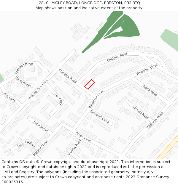 28, CHAIGLEY ROAD, LONGRIDGE, PRESTON, PR3 3TQ: Location map and indicative extent of plot