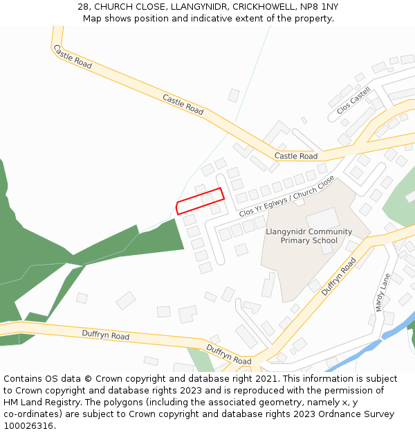 28, CHURCH CLOSE, LLANGYNIDR, CRICKHOWELL, NP8 1NY: Location map and indicative extent of plot