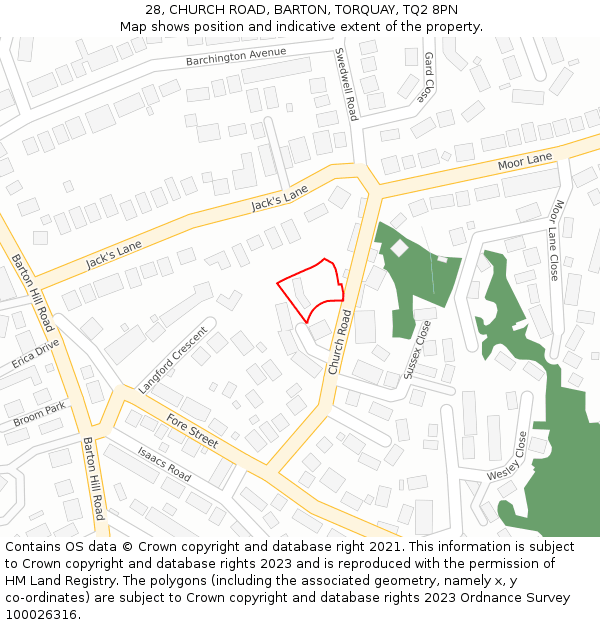 28, CHURCH ROAD, BARTON, TORQUAY, TQ2 8PN: Location map and indicative extent of plot