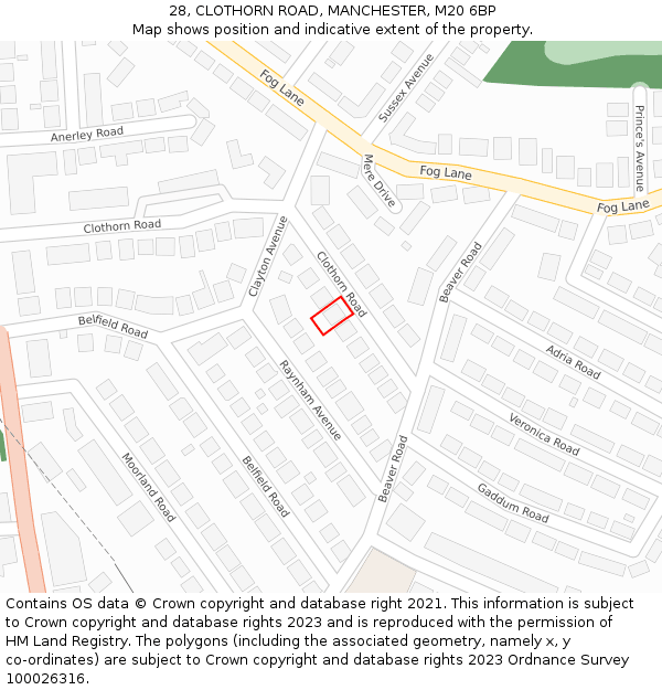 28, CLOTHORN ROAD, MANCHESTER, M20 6BP: Location map and indicative extent of plot