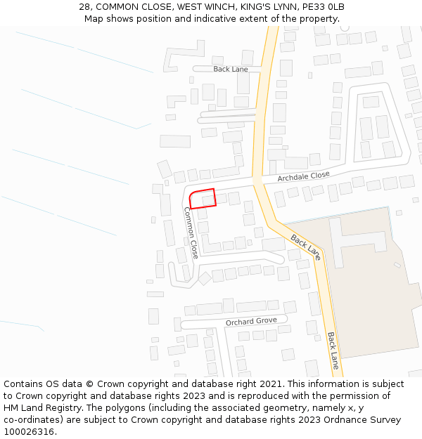 28, COMMON CLOSE, WEST WINCH, KING'S LYNN, PE33 0LB: Location map and indicative extent of plot