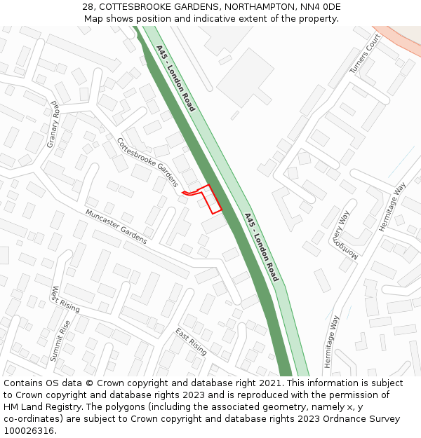 28, COTTESBROOKE GARDENS, NORTHAMPTON, NN4 0DE: Location map and indicative extent of plot