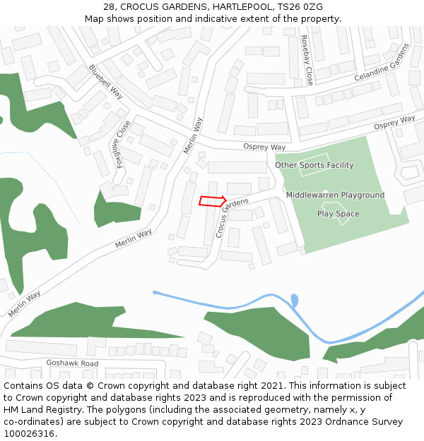 28, CROCUS GARDENS, HARTLEPOOL, TS26 0ZG: Location map and indicative extent of plot