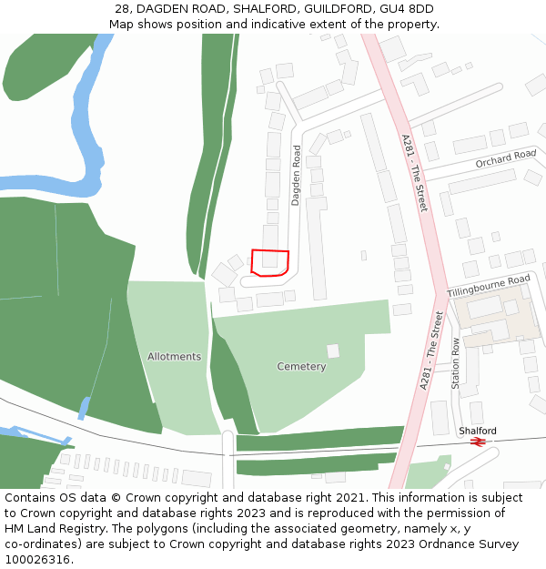 28, DAGDEN ROAD, SHALFORD, GUILDFORD, GU4 8DD: Location map and indicative extent of plot