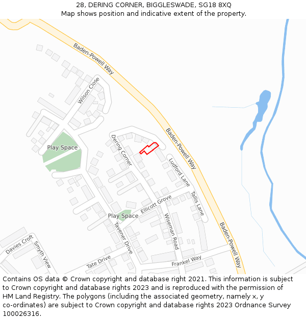 28, DERING CORNER, BIGGLESWADE, SG18 8XQ: Location map and indicative extent of plot