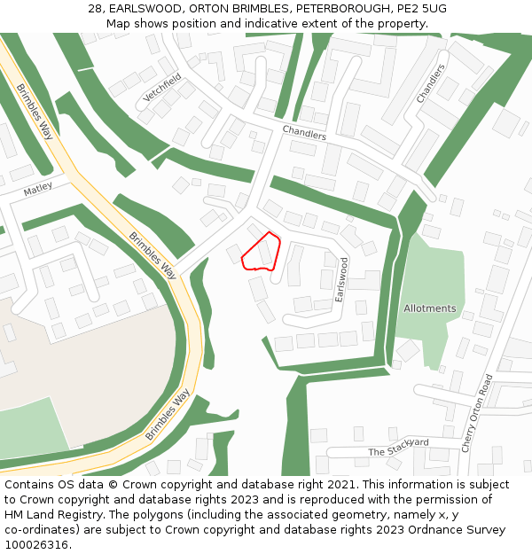 28, EARLSWOOD, ORTON BRIMBLES, PETERBOROUGH, PE2 5UG: Location map and indicative extent of plot