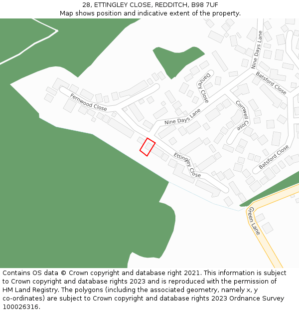 28, ETTINGLEY CLOSE, REDDITCH, B98 7UF: Location map and indicative extent of plot