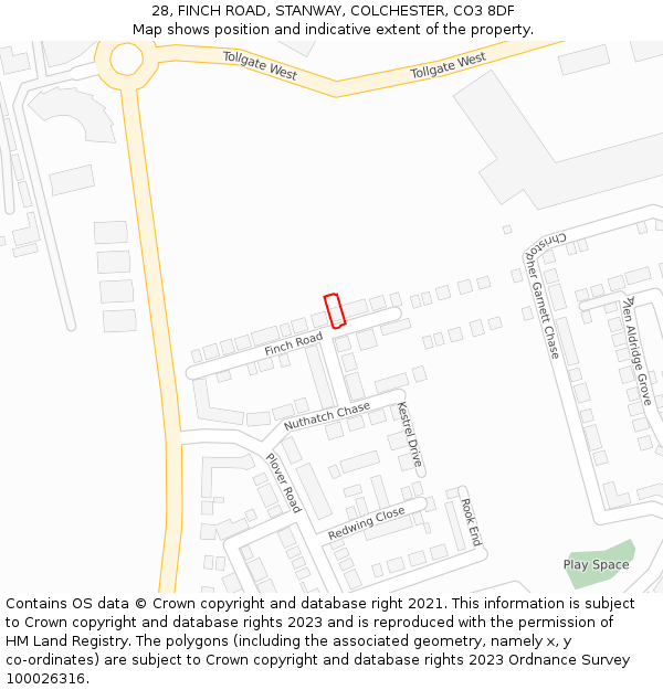 28, FINCH ROAD, STANWAY, COLCHESTER, CO3 8DF: Location map and indicative extent of plot