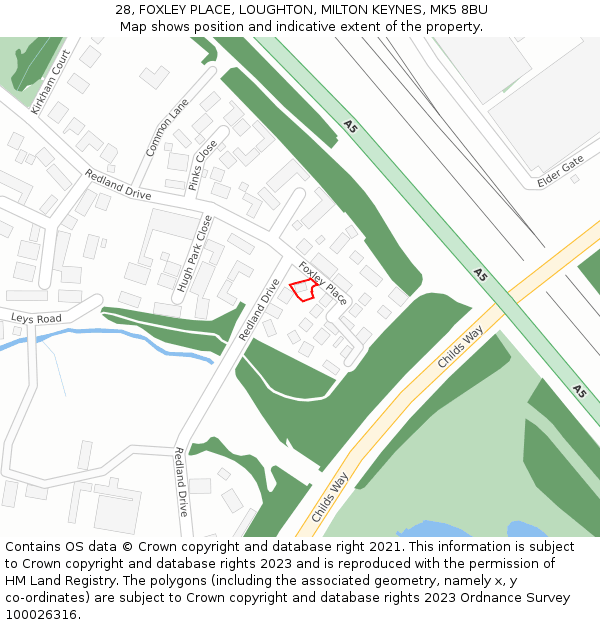 28, FOXLEY PLACE, LOUGHTON, MILTON KEYNES, MK5 8BU: Location map and indicative extent of plot