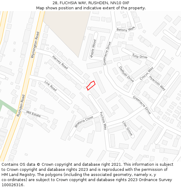 28, FUCHSIA WAY, RUSHDEN, NN10 0XF: Location map and indicative extent of plot