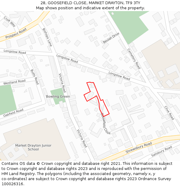 28, GOOSEFIELD CLOSE, MARKET DRAYTON, TF9 3TY: Location map and indicative extent of plot