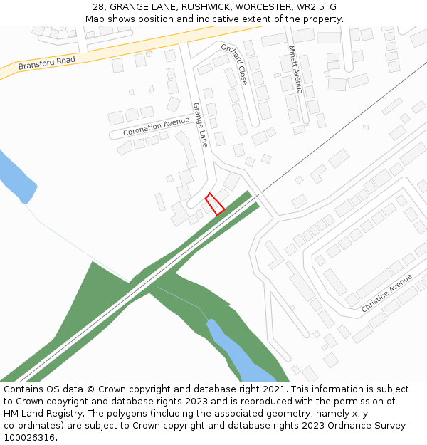 28, GRANGE LANE, RUSHWICK, WORCESTER, WR2 5TG: Location map and indicative extent of plot