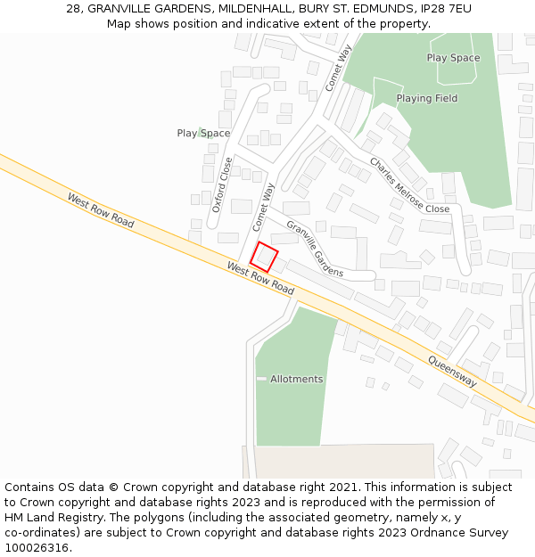 28, GRANVILLE GARDENS, MILDENHALL, BURY ST. EDMUNDS, IP28 7EU: Location map and indicative extent of plot