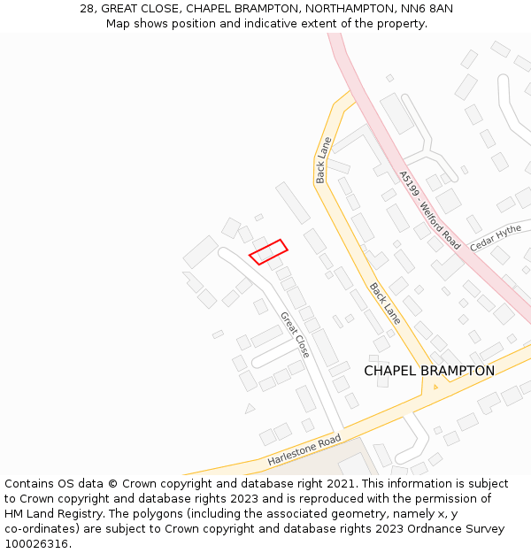 28, GREAT CLOSE, CHAPEL BRAMPTON, NORTHAMPTON, NN6 8AN: Location map and indicative extent of plot