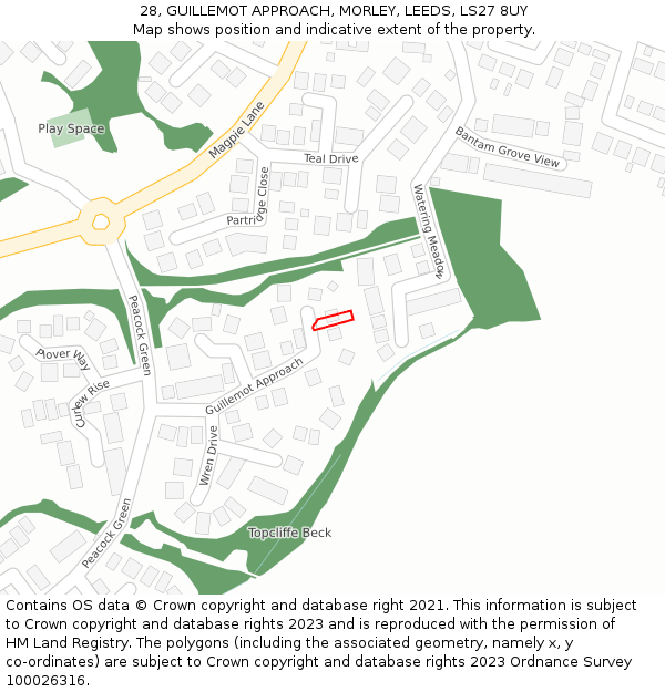 28, GUILLEMOT APPROACH, MORLEY, LEEDS, LS27 8UY: Location map and indicative extent of plot