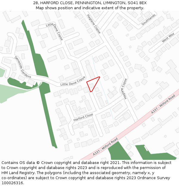 28, HARFORD CLOSE, PENNINGTON, LYMINGTON, SO41 8EX: Location map and indicative extent of plot