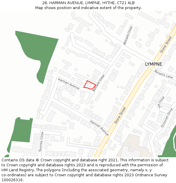 28, HARMAN AVENUE, LYMPNE, HYTHE, CT21 4LB: Location map and indicative extent of plot