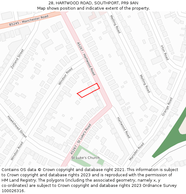 28, HARTWOOD ROAD, SOUTHPORT, PR9 9AN: Location map and indicative extent of plot