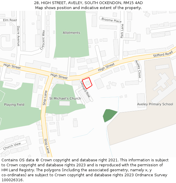 28, HIGH STREET, AVELEY, SOUTH OCKENDON, RM15 4AD: Location map and indicative extent of plot