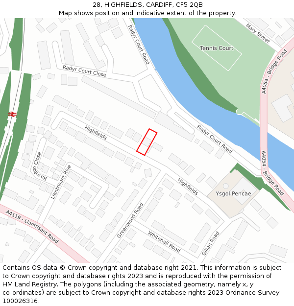 28, HIGHFIELDS, CARDIFF, CF5 2QB: Location map and indicative extent of plot