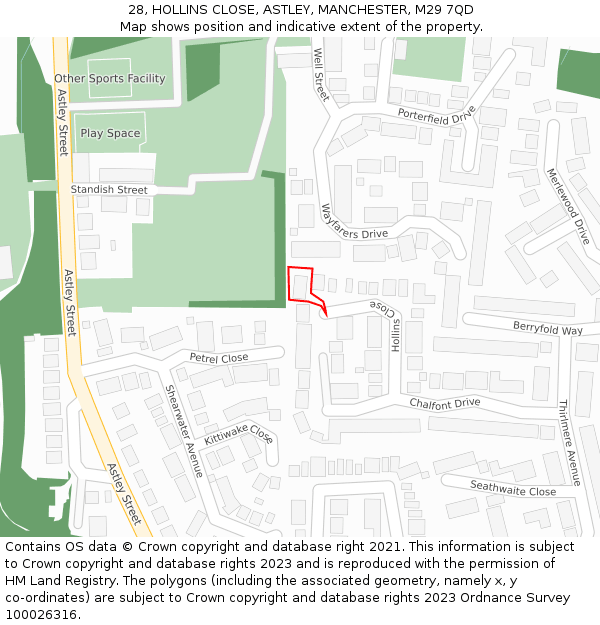 28, HOLLINS CLOSE, ASTLEY, MANCHESTER, M29 7QD: Location map and indicative extent of plot