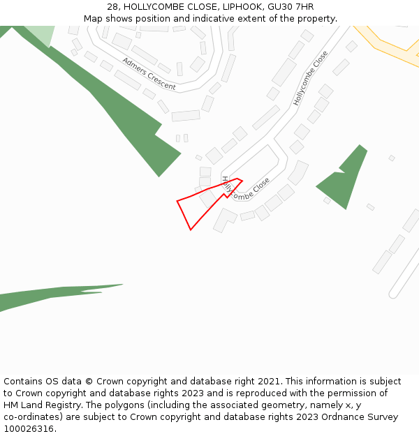 28, HOLLYCOMBE CLOSE, LIPHOOK, GU30 7HR: Location map and indicative extent of plot