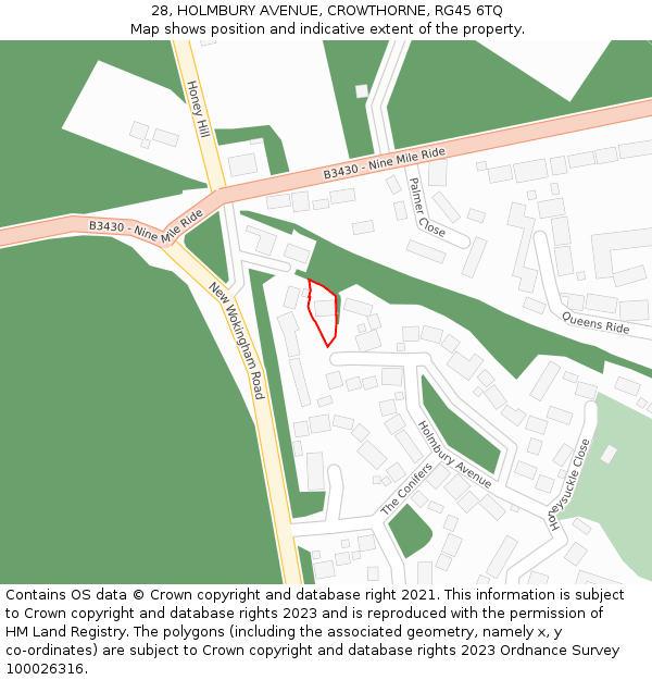 28, HOLMBURY AVENUE, CROWTHORNE, RG45 6TQ: Location map and indicative extent of plot