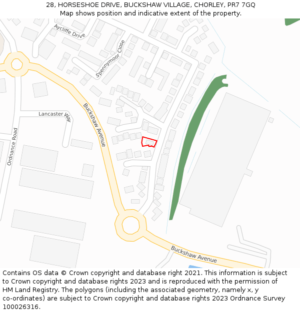 28, HORSESHOE DRIVE, BUCKSHAW VILLAGE, CHORLEY, PR7 7GQ: Location map and indicative extent of plot