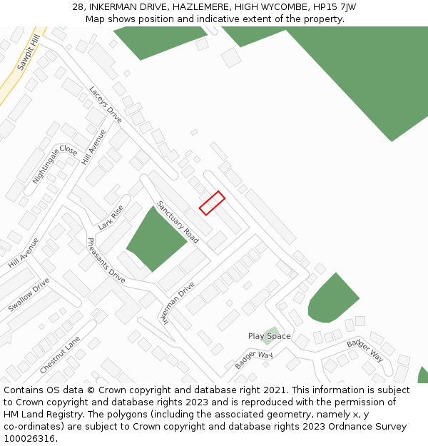 28, INKERMAN DRIVE, HAZLEMERE, HIGH WYCOMBE, HP15 7JW: Location map and indicative extent of plot