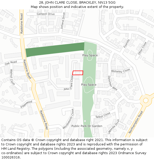 28, JOHN CLARE CLOSE, BRACKLEY, NN13 5GG: Location map and indicative extent of plot