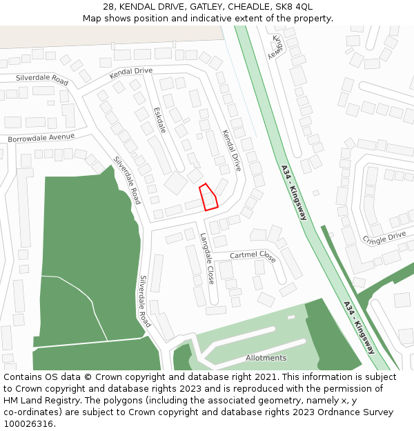 28, KENDAL DRIVE, GATLEY, CHEADLE, SK8 4QL: Location map and indicative extent of plot