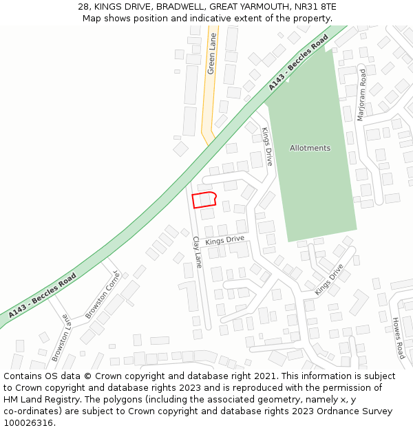 28, KINGS DRIVE, BRADWELL, GREAT YARMOUTH, NR31 8TE: Location map and indicative extent of plot